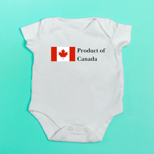 Product of canada baby bodysuit in white.  Canadians to show patriotism for Canada. Canadians unite against Trump's Tariffs 2025.  Buy Canadian baby products