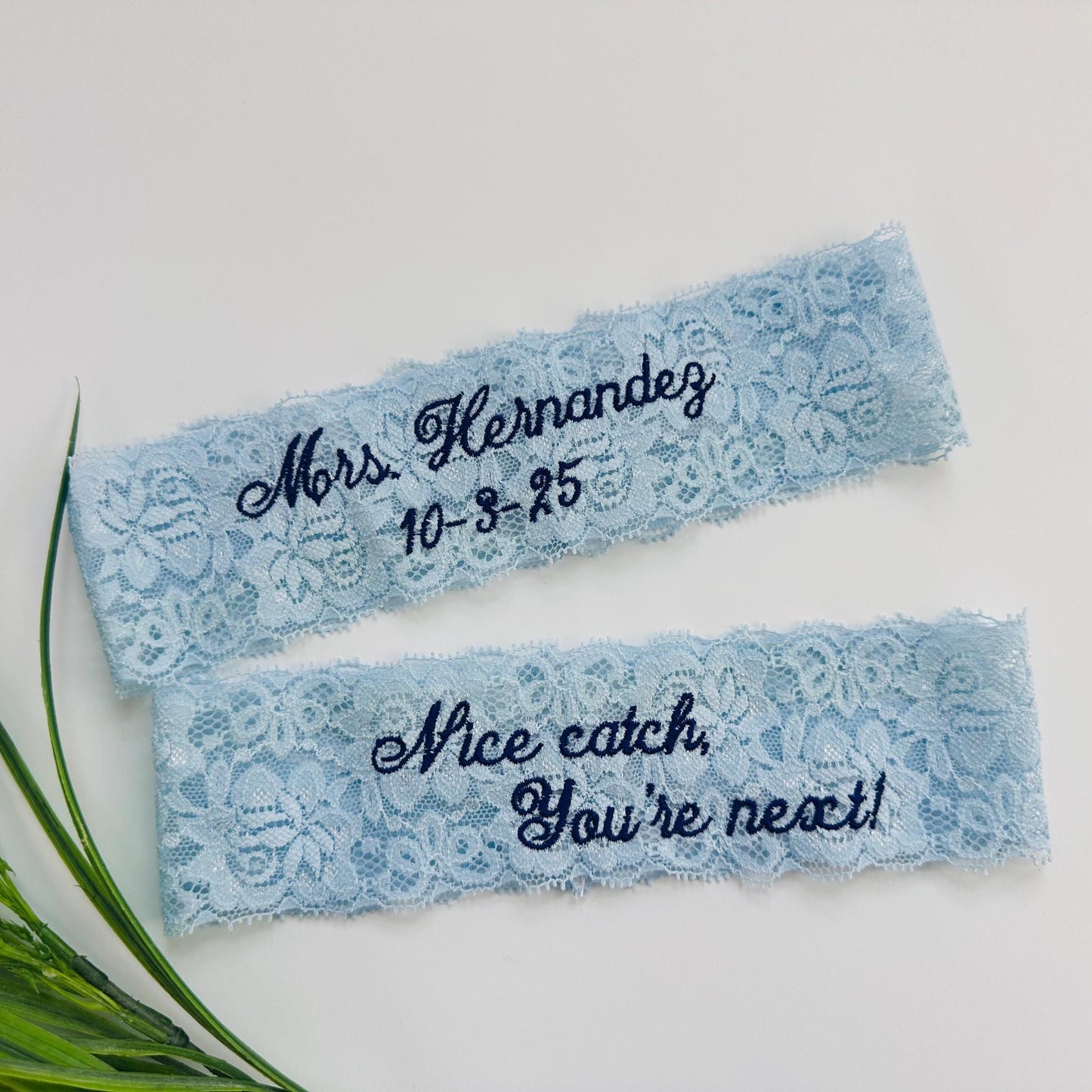 Blue Wedding Garters with Embroidery, custom Something Blue Bridal Garter with personalization. Size inclusive from petite to plus sizes