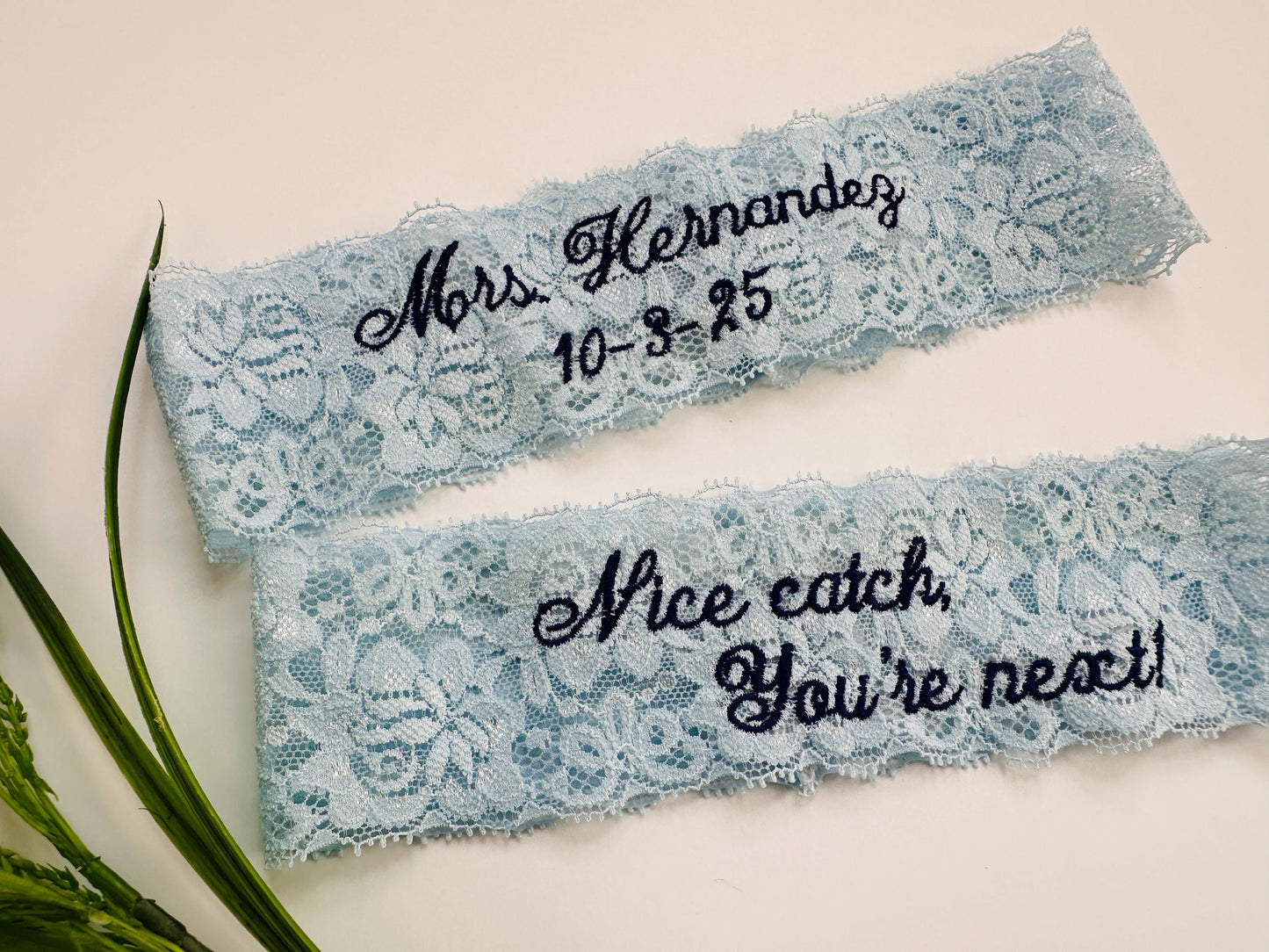 Blue Wedding Garters with Embroidery, custom Something Blue Bridal Garter with personalization. Size inclusive from petite to plus sizes