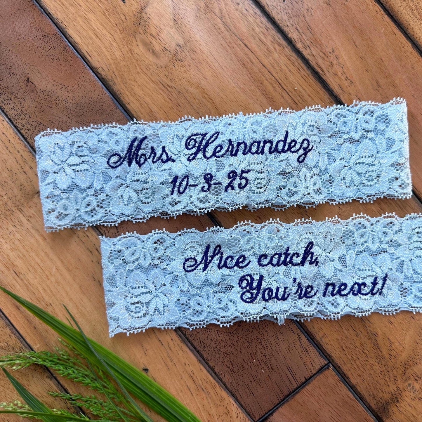 blue garter for brides as something blue personalized with embroidery